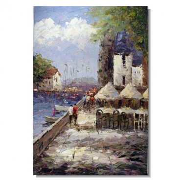 Italian Beach Sidewalk Cafe Restaurant Impressionist Landscape Oil Painting Canvas Art High