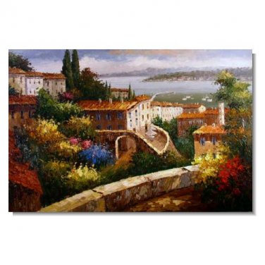 Italian Harbor Beach Coast Flowers Impressionist Landscape Oil Painting Canvas Art High Quality
