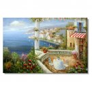 Italian Harbor Flowers Cafe Table Impressionist Landscape Oil Painting Canvas Art High Quality