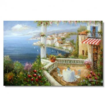 Italian Harbor Flowers Cafe Table Impressionist Landscape Oil Painting Canvas Art High Quality