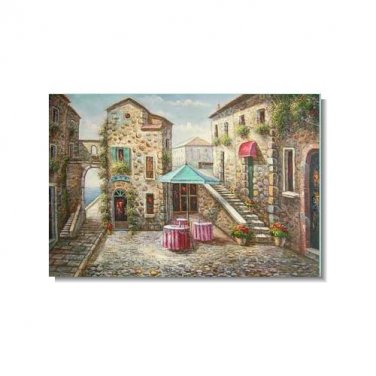 100% Hand-Paint Italian Mediterranean Cafe Impressionist Landscape Oil Painting Canvas Art High