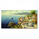 100% Hand-Paint Italian Mediterranean Garden Boat Seascape.JPG Impressionist Landscape Oil