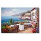 Italian Mediterranean Garden by Sea with Flowers Impressionist Landscape Oil Painting Canvas Art