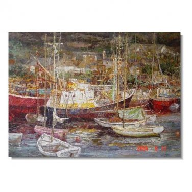 Italian Mediterranean Sea Harbor Ships Boats Impressionist Landscape Oil Painting Canvas Art