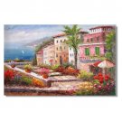 Italian Mediterranean Seascape Garden Flowers Impressionist Landscape Oil Painting Canvas Art