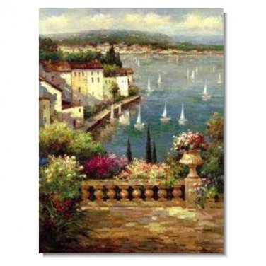 100% Hand-Paint Italian Mediterranean Seascape Old Town Beach-002 Impressionist Landscape Oil