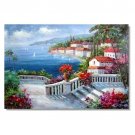 100% Hand-Paint Italian Mediterranean Seascape Old Town Beach-004 Impressionist Landscape Oil