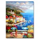 100% Handmade Italian Mediterranean Seascape Old Town Beach-010 Impressionist Landscape Oil
