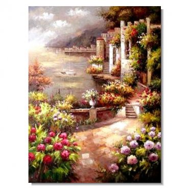 Italian Mediterranean Seascape Old Town Beach-011 Impressionist Landscape Oil Painting Canvas
