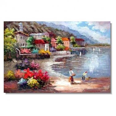 Italian Mediterranean Seascape Old Town Beach-012 Impressionist Landscape Oil Painting Canvas