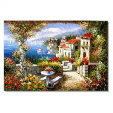 Italian Mediterranean Seascape Old Town Beach-016 Impressionist Landscape Oil Painting Canvas