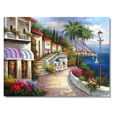 Italian Mediterranean Seascape Old Town Beach-022 Impressionist Landscape Oil Painting Canvas