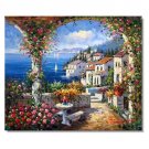 100% Hand-Paint Italian Mediterranean Seascape Old Town Beach-023 Impressionist Landscape Oil