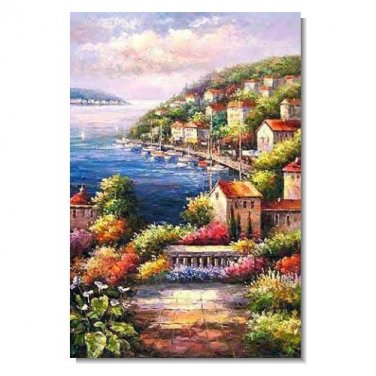 Italian Mediterranean Seascape Old Town Beach-027 Impressionist Landscape Oil Painting Canvas