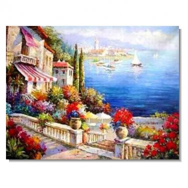 Italian Mediterranean Seascape Old Town Beach-030 Impressionist Landscape Oil Painting Canvas