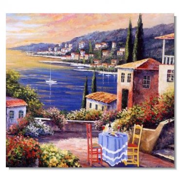Italian Mediterranean Seascape Old Town Beach-032 Impressionist Landscape Oil Painting Canvas