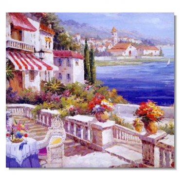 Italian Mediterranean Seascape Old Town Beach-033 Impressionist Landscape Oil Painting Canvas