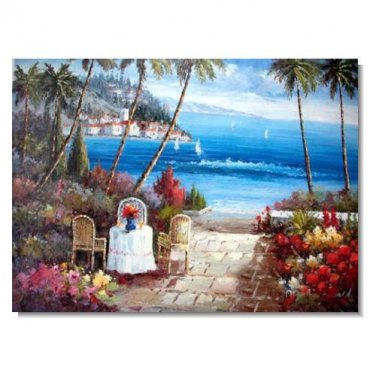 100% Hand-Paint Italian Mediterranean Seascape Old Town Beach-039 Impressionist Landscape Oil