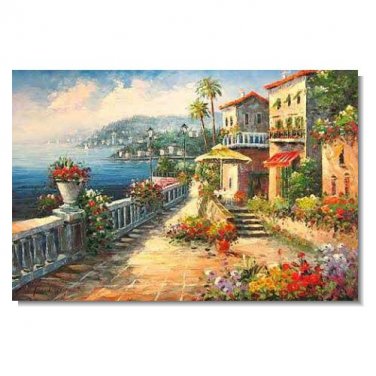 Italian Mediterranean Seascape Old Town Beach-041 Impressionist Landscape Oil Painting Canvas