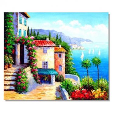 Italian Mediterranean Seascape Old Town Beach-043 Impressionist Landscape Oil Painting Canvas