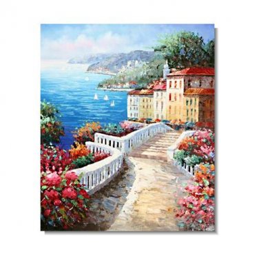 Italian Mediterranean Seascape Old Town Beach-046 Impressionist Landscape Oil Painting Canvas