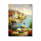 100% Hand-Paint Italian Mediterranean Seascape Old Town Beach-047 Impressionist Landscape Oil