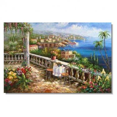 Italian Mediterranean Seascape Old Town Beach-054 Impressionist Landscape Oil Painting Canvas