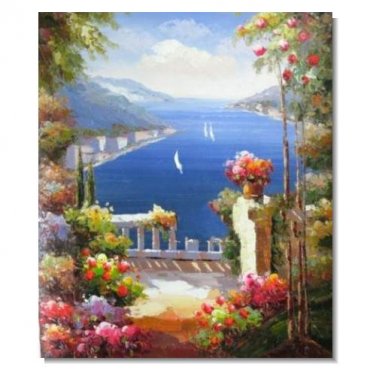 Italian Mediterranean Seascape Old Town Beach-056 Impressionist Landscape Oil Painting Canvas