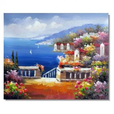 100% Hand-Paint Italian Mediterranean Seascape Old Town Beach-058 Impressionist Landscape Oil