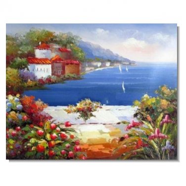 Italian Mediterranean Seascape Old Town Beach-060 Impressionist Landscape Oil Painting Canvas