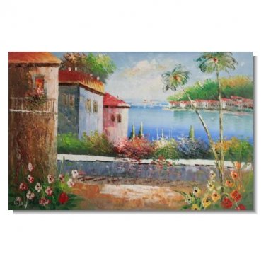 100% Handmade Italian Mediterranean Seascape Old Town Beach-068 Impressionist Landscape Oil