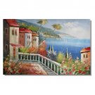 100% Hand-Paint Italian Mediterranean Seascape Old Town Beach-069 Impressionist Landscape Oil