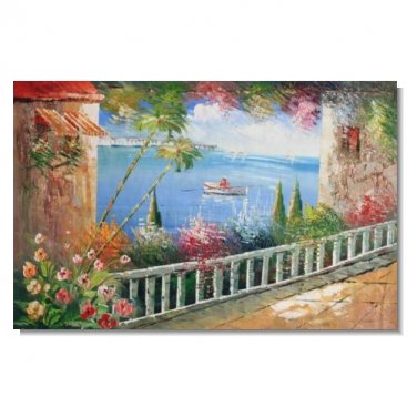 Italian Mediterranean Seascape Old Town Beach-070 Impressionist Landscape Oil Painting Canvas