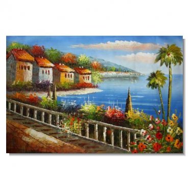 Italian Mediterranean Seascape Old Town Beach-077 Impressionist Landscape Oil Painting Canvas