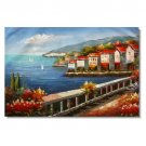 100% Hand-Paint Italian Mediterranean Seascape Old Town Beach-079 Impressionist Landscape Oil