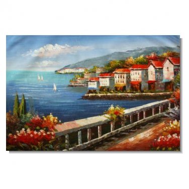 100% Hand-Paint Italian Mediterranean Seascape Old Town Beach-079 Impressionist Landscape Oil