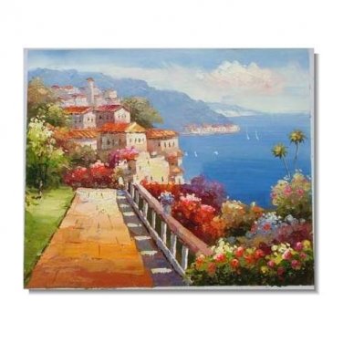 Italian Mediterranean Seascape Old Town Beach-080 Impressionist Landscape Oil Painting Canvas