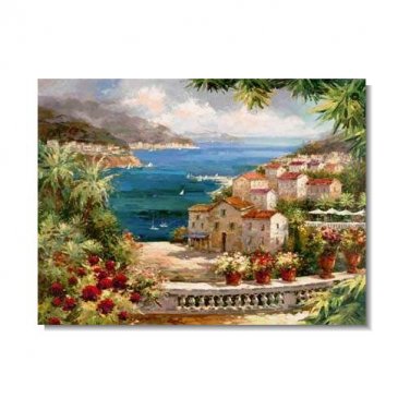 Italian Mediterranean Seascape Old Town Beach-081 Impressionist Landscape Oil Painting Canvas
