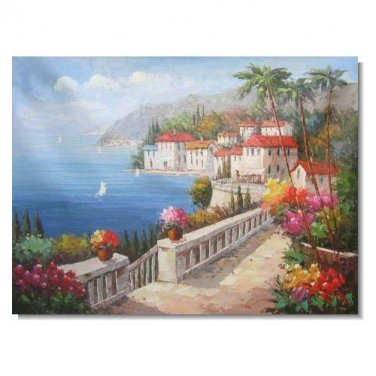 Italian Mediterranean Seascape Old Town Beach-088 Impressionist Landscape Oil Painting Canvas