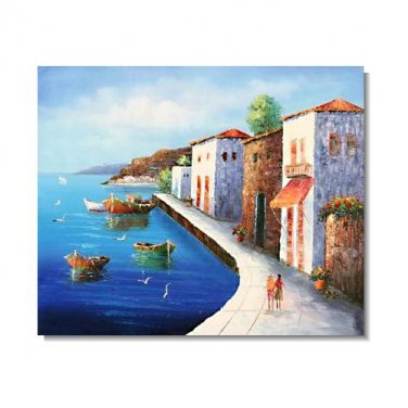 Italian Mediterranean Seascape Old Town Beach-089 Impressionist Landscape Oil Painting Canvas