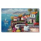 100% Hand-Paint Italian Mediterranean Seascape Old Town Beach-101 Impressionist Landscape Oil