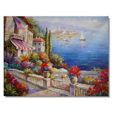Italian Mediterranean Seascape Old Town Beach-105 Impressionist Landscape Oil Painting Canvas