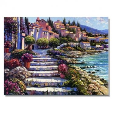 Italian Mediterranean Seascape Old Town Beach-107 Impressionist Landscape Oil Painting Canvas