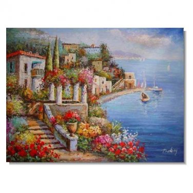 Italian Mediterranean Seascape Old Town Beach-132 Impressionist Landscape Oil Painting Canvas