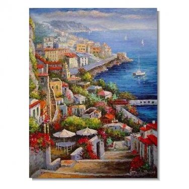 Italian Mediterranean Seascape Old Town Beach-144 Impressionist Landscape Oil Painting Canvas