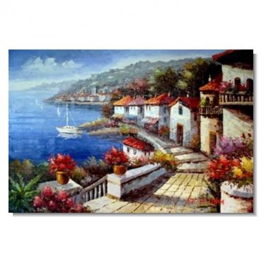 Italian Mediterranean Seascape Old Town Beach-145 Impressionist Landscape Oil Painting Canvas