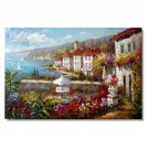 100% Hand-Paint Italian Mediterranean Seascape Old Town Beach-149 Impressionist Landscape Oil