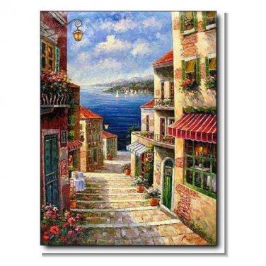 Italian Mediterranean Seascape Old Town Beach-152 Impressionist Landscape Oil Painting Canvas