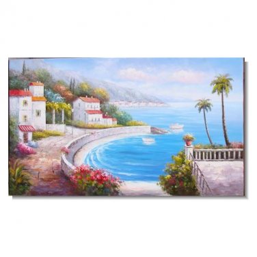 100% Hand-Paint Italian Mediterranean Town by Sea.JPG Impressionist Landscape Oil Painting