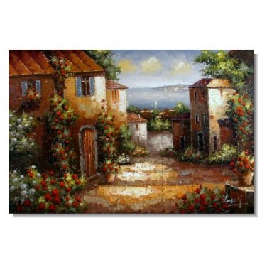 Italian Mediterranean Town Flowers Impressionist Landscape Oil Painting Canvas Art High Quality